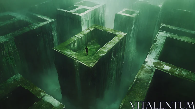 Solitary wanderer studies a towering emerald maze of voids