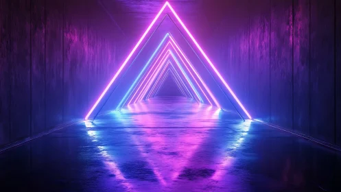 Neon triangles glow gently in a futuristic, dreamlike hallway