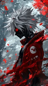 Cyborg figure in red coat with glowing eyes in forest.