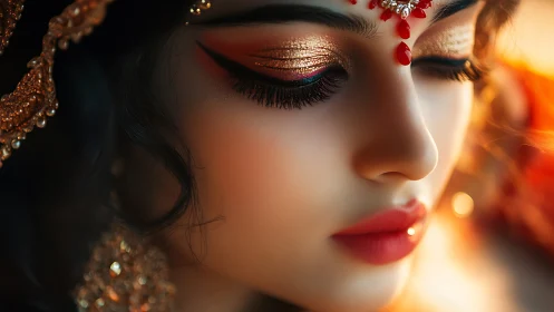 Close-up digital portrait with jeweled bridal adornments and bokeh