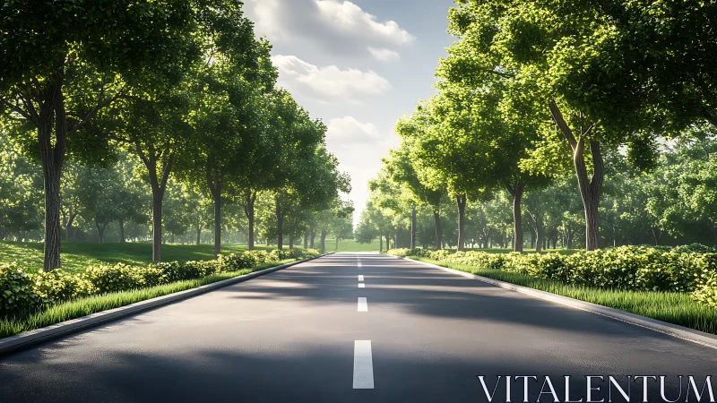 Sunlit tree lined avenue with empty asphalt road perspective.