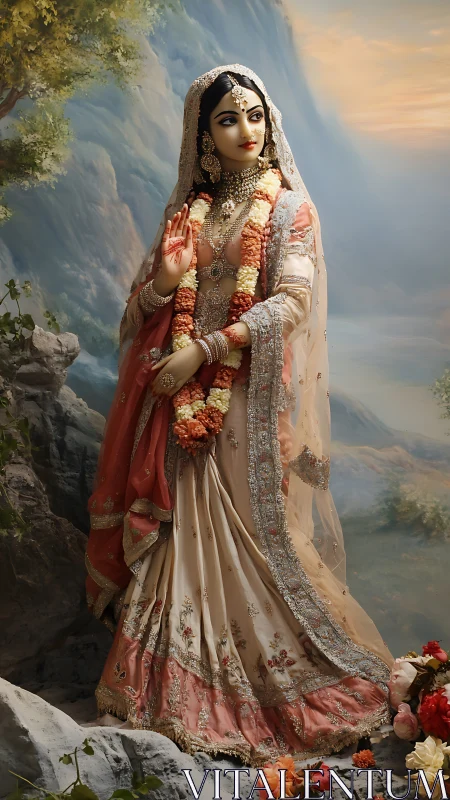 Photorealistic bridal deity portrait with ornate draped lehenga.