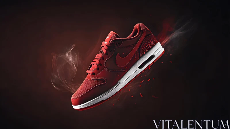 Dynamic red sneaker in dramatic smoky digital art style.