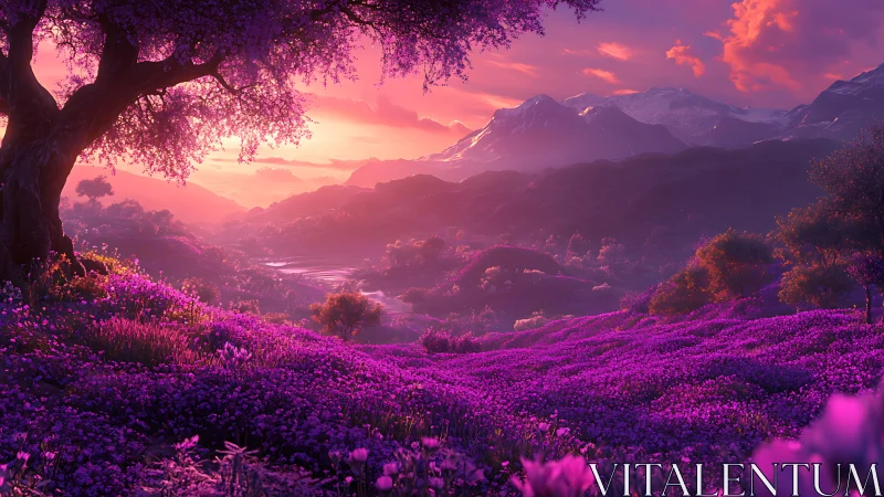 Iridescent violet valley unfolds beneath a luminous sunset sky