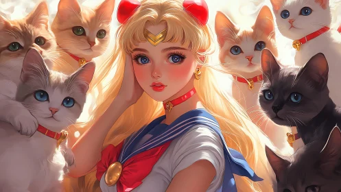 Radiant Girl Surrounded by Her Enchanted Cat Companions.