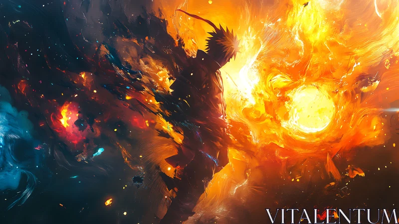 Silhouette figure stands before intense abstract fire sphere