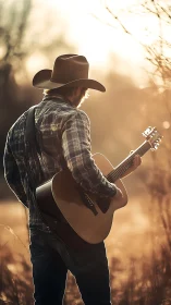 Country guitarist silhouetted at golden hour in field.