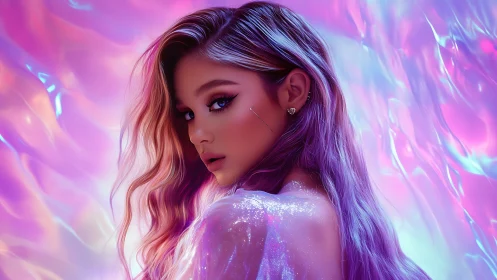 Iridescent cyber muse in neon violet shimmered glow.