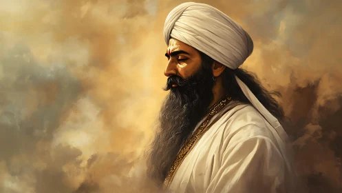 Bearded man in white turban against warm cloudy backdrop.