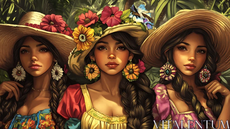 Three women in floral hats and dresses, colorful boho digital art.