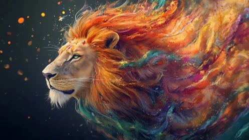 Majestic lion in prismatic, swirling painterly blaze.