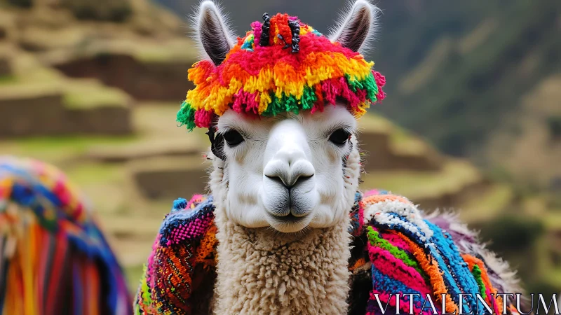 Andean alpaca portrait in vibrant traditional textile regalia