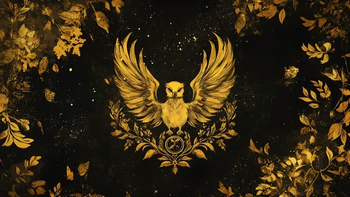 Golden phoenix owl emblem amid celestial leaf flourishes.