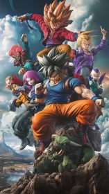 Saiyan warriors dominate stormlit sky in dynamic charge.