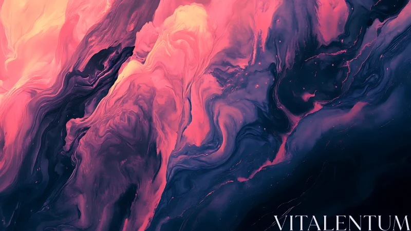 Abstract fluid gradient with pink and navy swirling forms.
