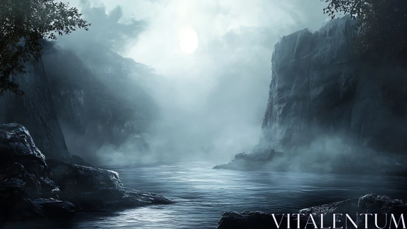 Moonlit mist covers a narrow waterway between rocky cliffs