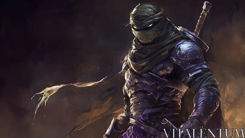 Shadow-wrapped rogue stalks through ember-lit twilight.