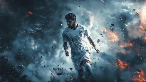 Soccer player running through smoky, fiery atmosphere.