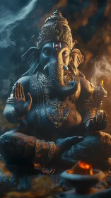 Ganesha statue glows in incense smoke and sacred evening light