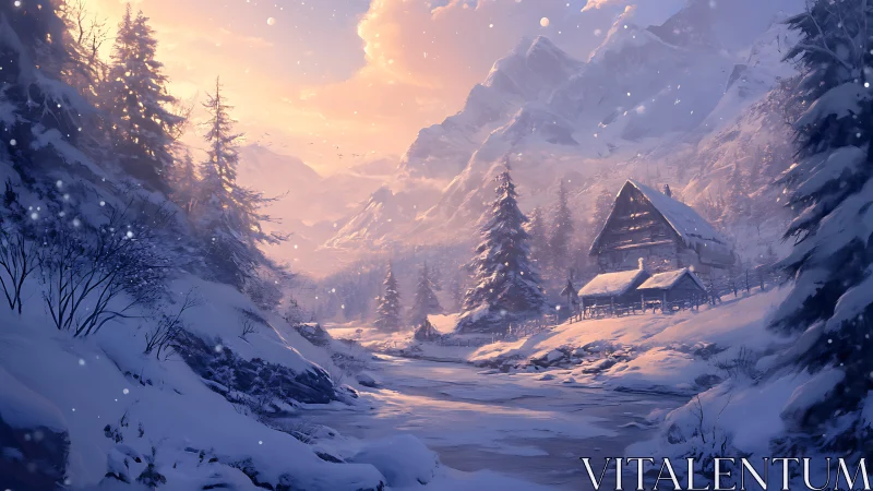 Snowdrift cabin dreaming beneath rose-gold mountain skies.