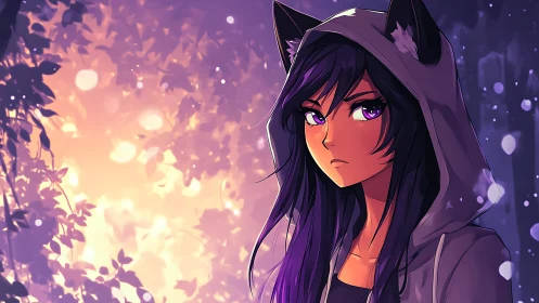 Hooded cat-eared girl in violet bokeh forest light portrait.