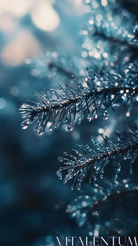 Macro study of dew-covered conifer needles in cool blue bokeh field