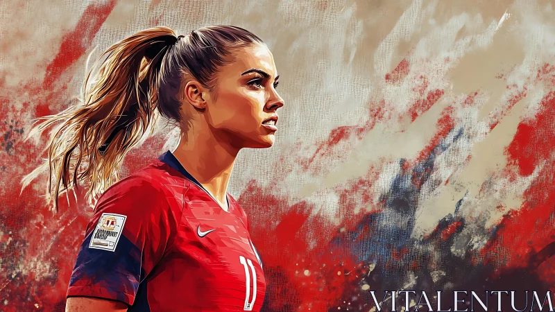 Defiant soccer player in dynamic red abstract portrait.