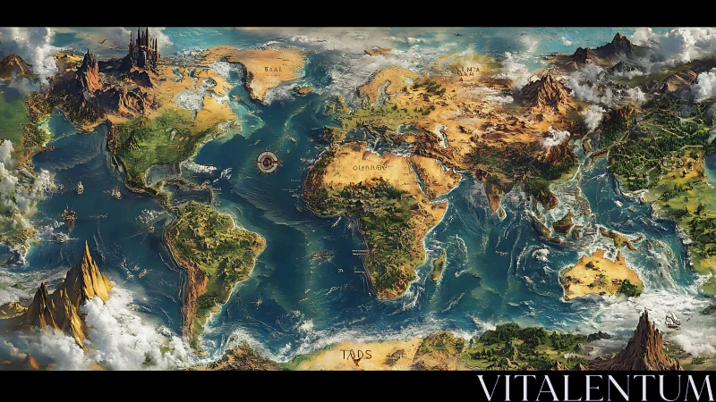 Fantasy world map reimagining Earth with epic realms.