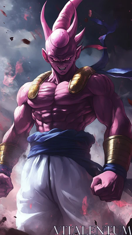 Pink muscular warrior under stormy sky in dynamic lighting.