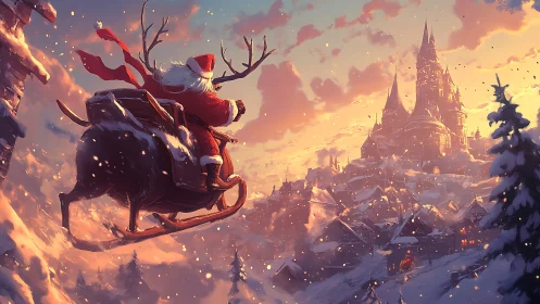Santa in sleigh gliding toward snowy castle town at dusk.
