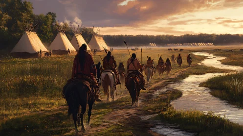 Mounted riders approach riverfront encampment at golden hour