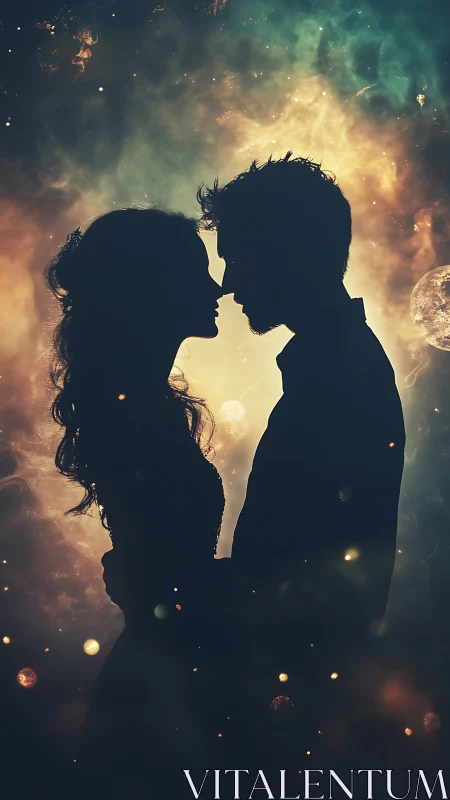 Silhouetted Couple Embracing Among Cosmic Light and Nebulae
