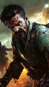 Battle-scarred soldier charges through infernal warzone.