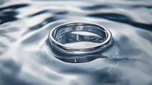 Silver ring resting on rippling reflective water surface.
