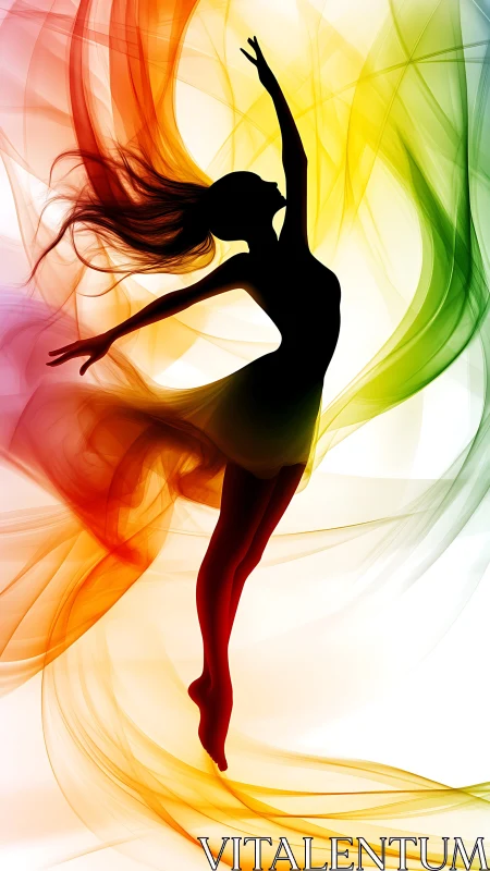 Silhouette dancer framed by multicolored flowing light forms.