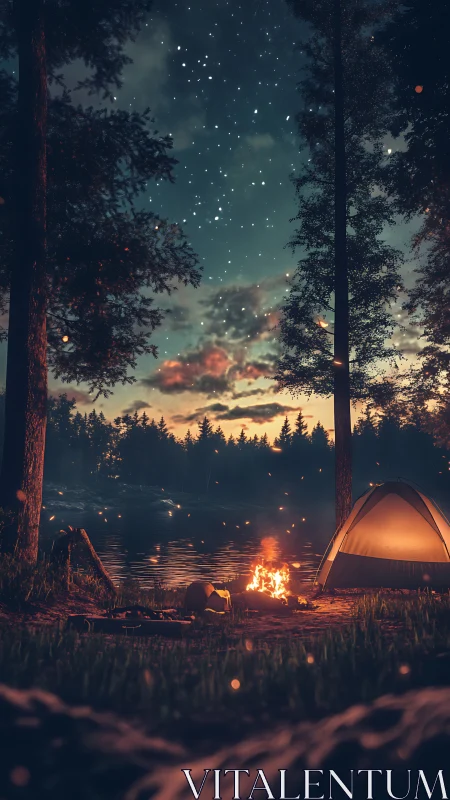 Nocturnal lakeside campsite under firelit particle canopy.