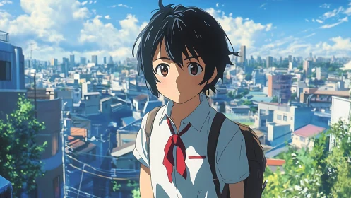Sunlit city slope frames a quiet anime student daydreamer.
