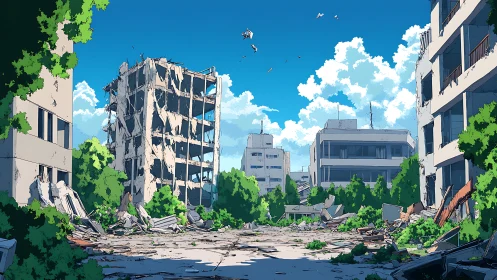 Post-apocalyptic urban canyon in sunlit anime style.