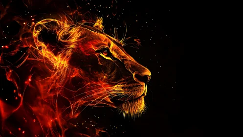 Fiery lion profile glowing softly against midnight black.