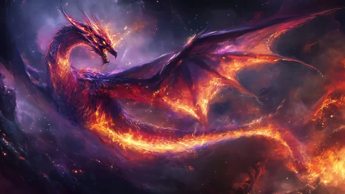 Fiery dragon stretches wings and body through swirling flames