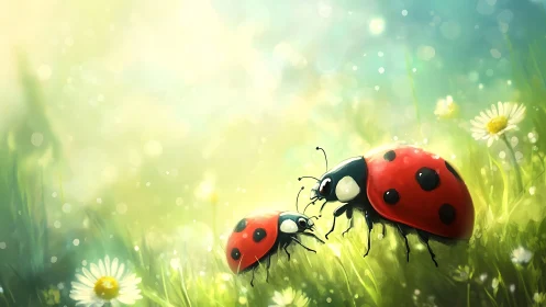 Ladybirds in luminous meadow with soft bokeh backlight.