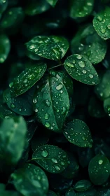 Wet green leaves display clustered raindrops in close detail