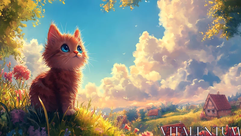 Red-Furred Feline Digital Rendering Against Luminous Cumulus Cloud Formation.