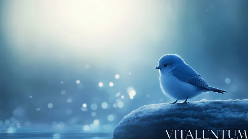 Gentle Bluebird on Frosty Rock in Dreamy Soft-Focus Light.