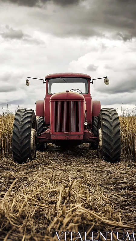 Stalwart red tractor squaring off under rumbling autumn skies.