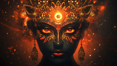 Fiery goddess portrait glowing with mystical, watchful warmth.
