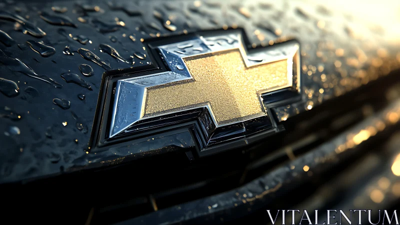 Chevrolet car emblem on wet front grille in close focus.