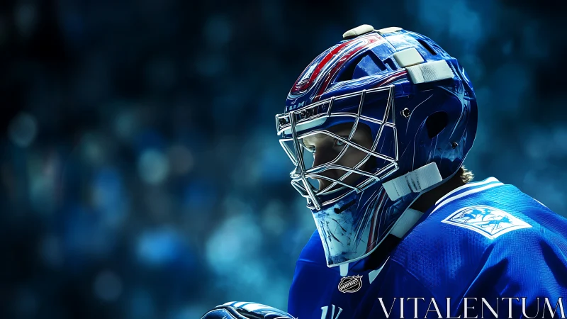 Hockey goaltender portrait in blue arena bokeh light.