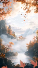 Autumn river valley with misty mountains and scattered leaves.