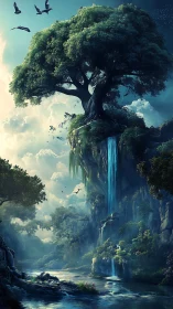 Suspended tree above cliffs with vertical cascading waterfall.